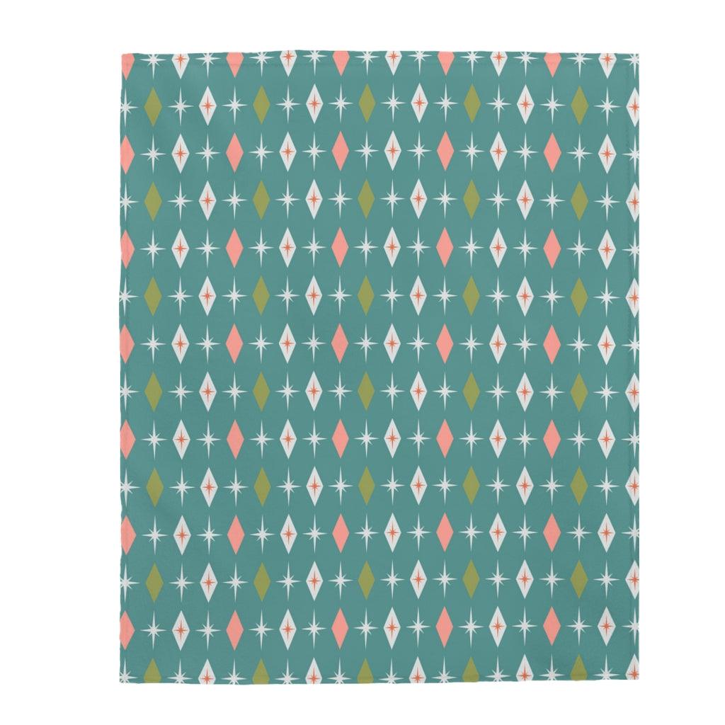 Atomic Starburst & Diamonds MCM Teal & Pink Velveteen Lightweight Blanket | lovevisionkarma.com