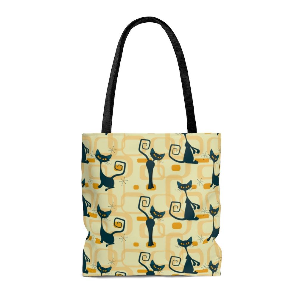 Retro Atomic Cats MCM Yellow Tote Bag | lovevisionkarma.com