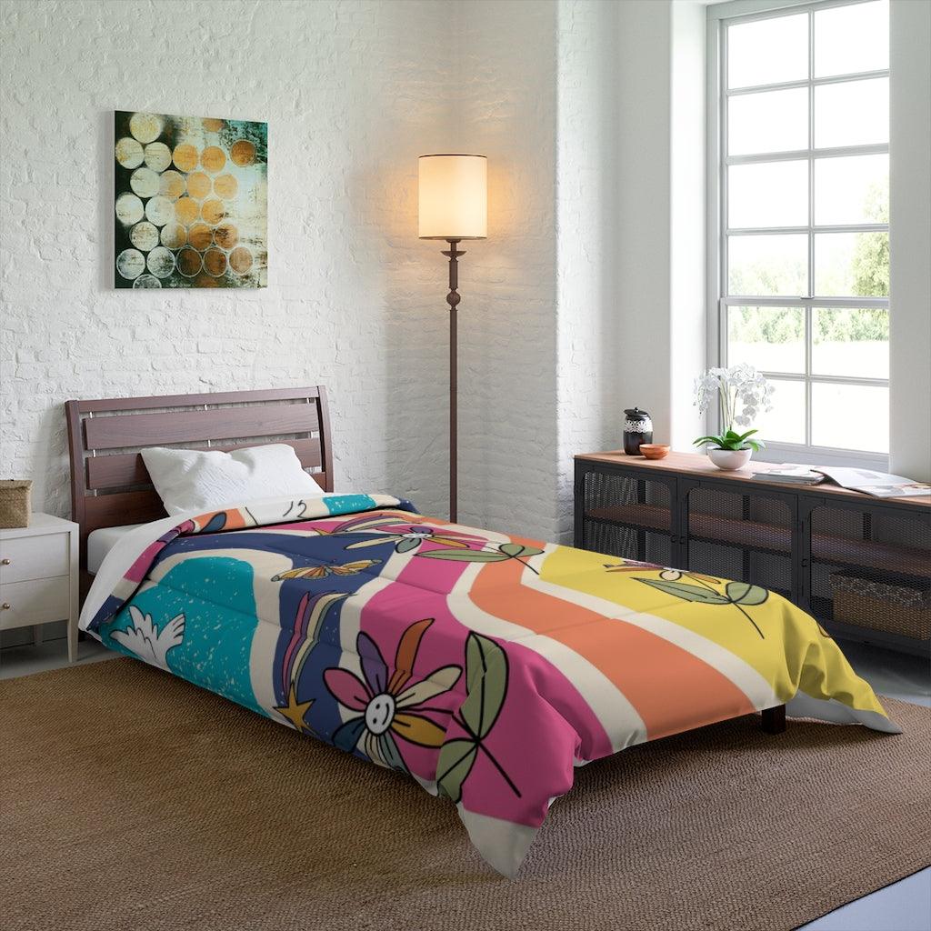 Groovy Hippie Flowers & Boho Mushrooms Colorful Comforter | lovevisionkarma.com