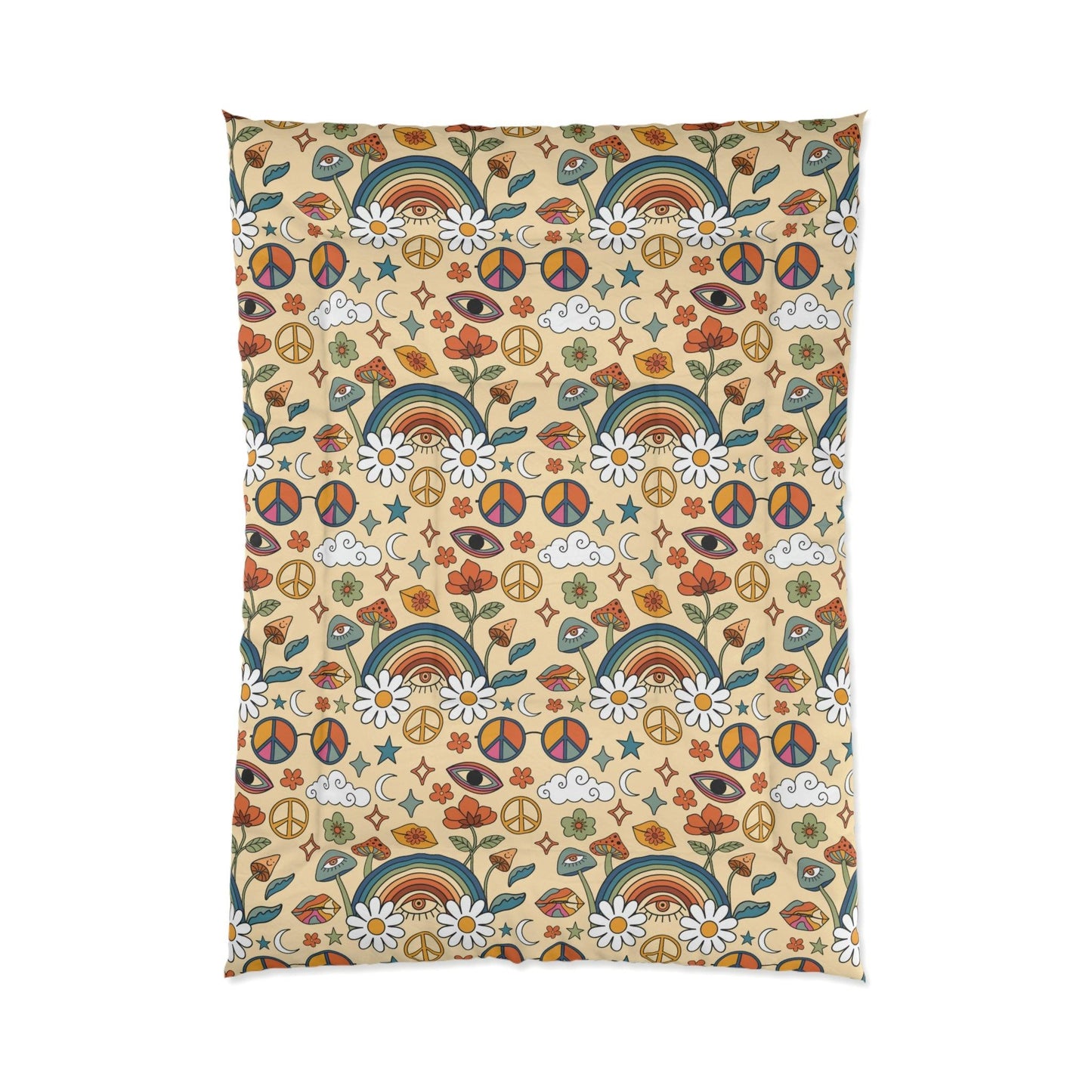 Boho Trippy Mushroom, Rainbow & Eye Hippie Cottagecore MCM Comforter | lovevisionkarma.com