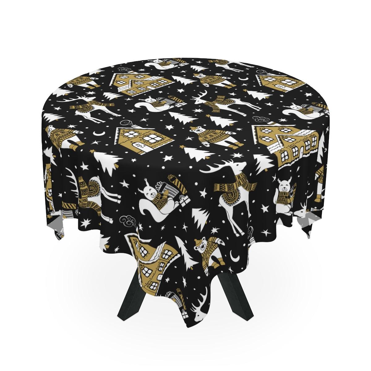 Scandinavian Inspired Nordic Winter Scene Black, Beige and White Christmas Tablecloth | lovevisionkarma.com