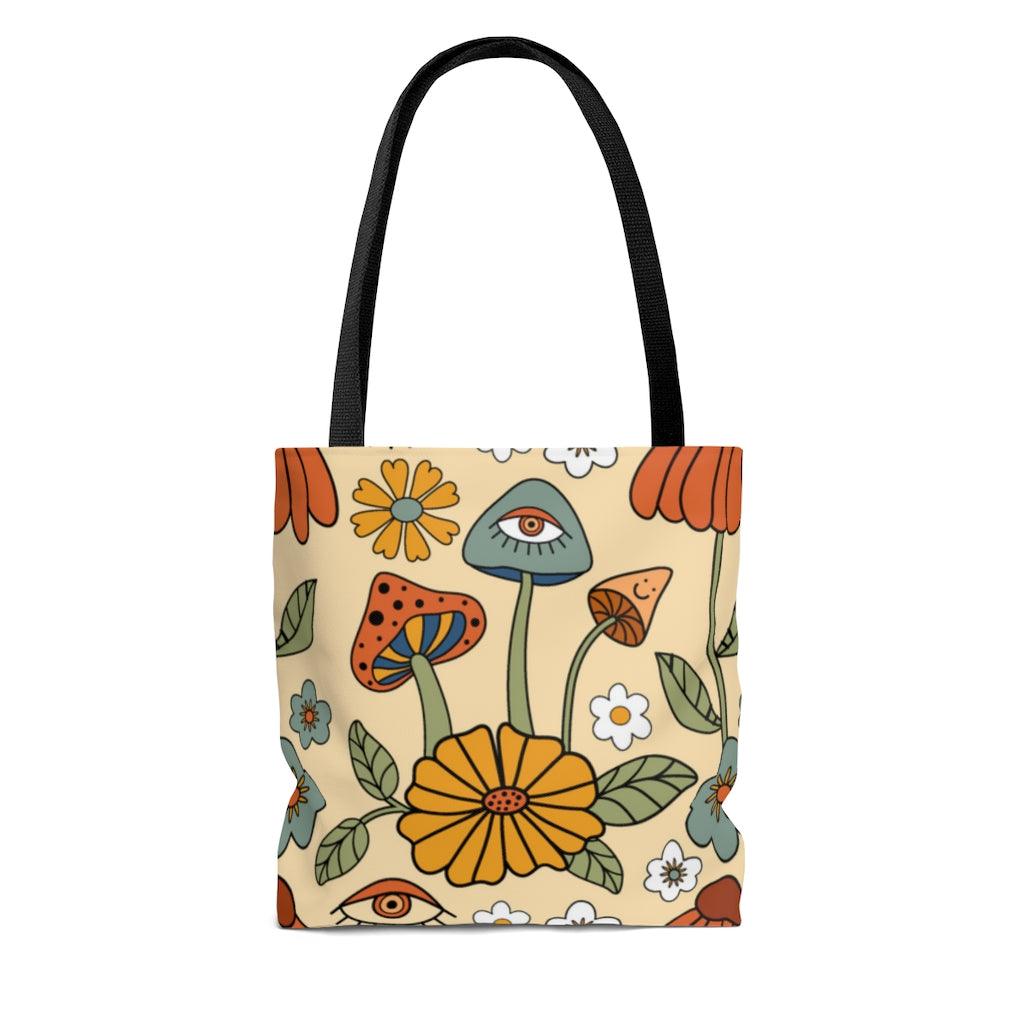 Retro Trippy Mushroom Hippie Flower Tote Bag | lovevisionkarma.com