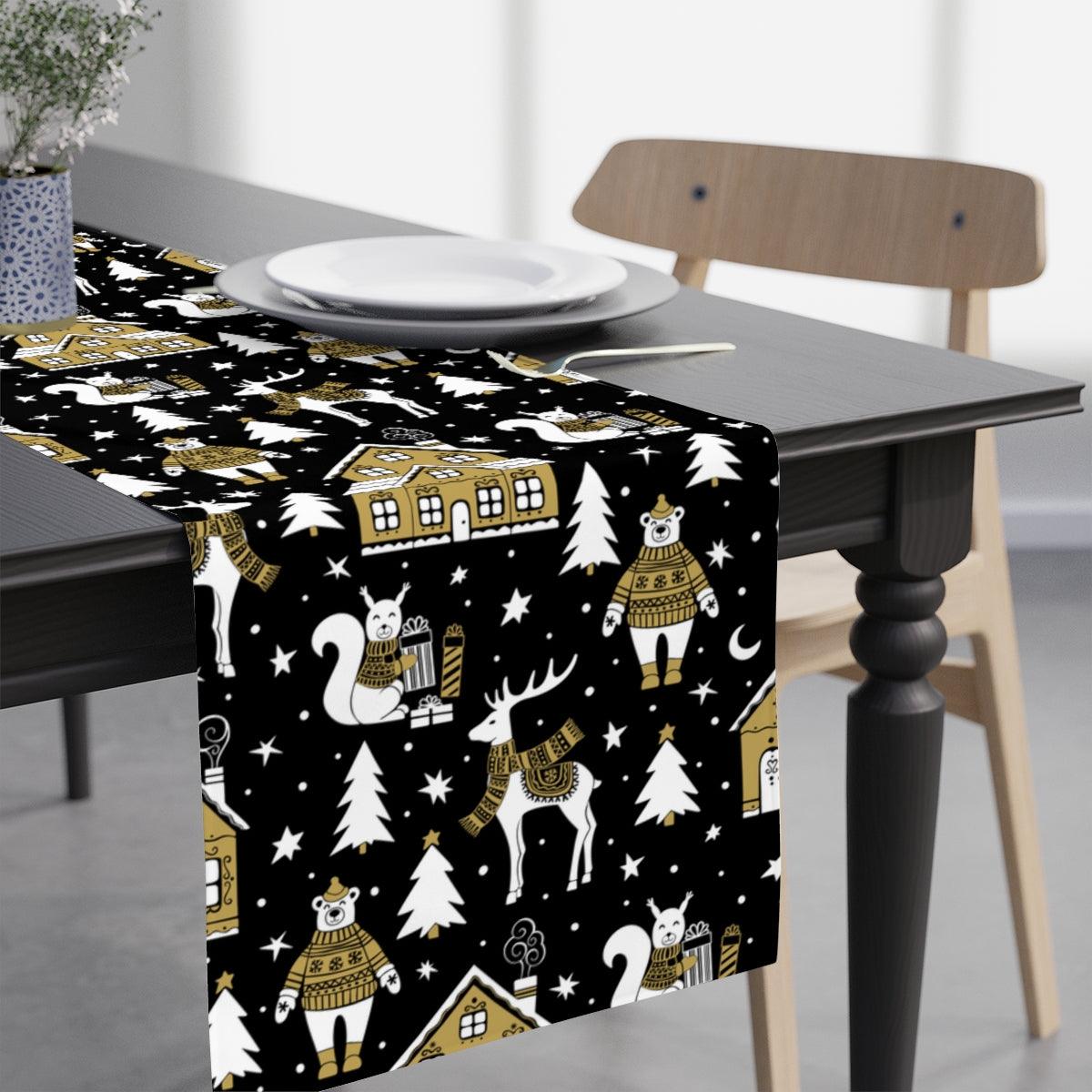 Nordic Christmas Scene MCM Scandi Black, White and Beige Holiday Table Runner | lovevisionkarma.com