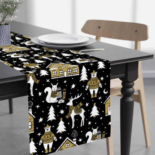 Nordic Christmas Scene MCM Scandi Black, White and Beige Holiday Table Runner | lovevisionkarma.com