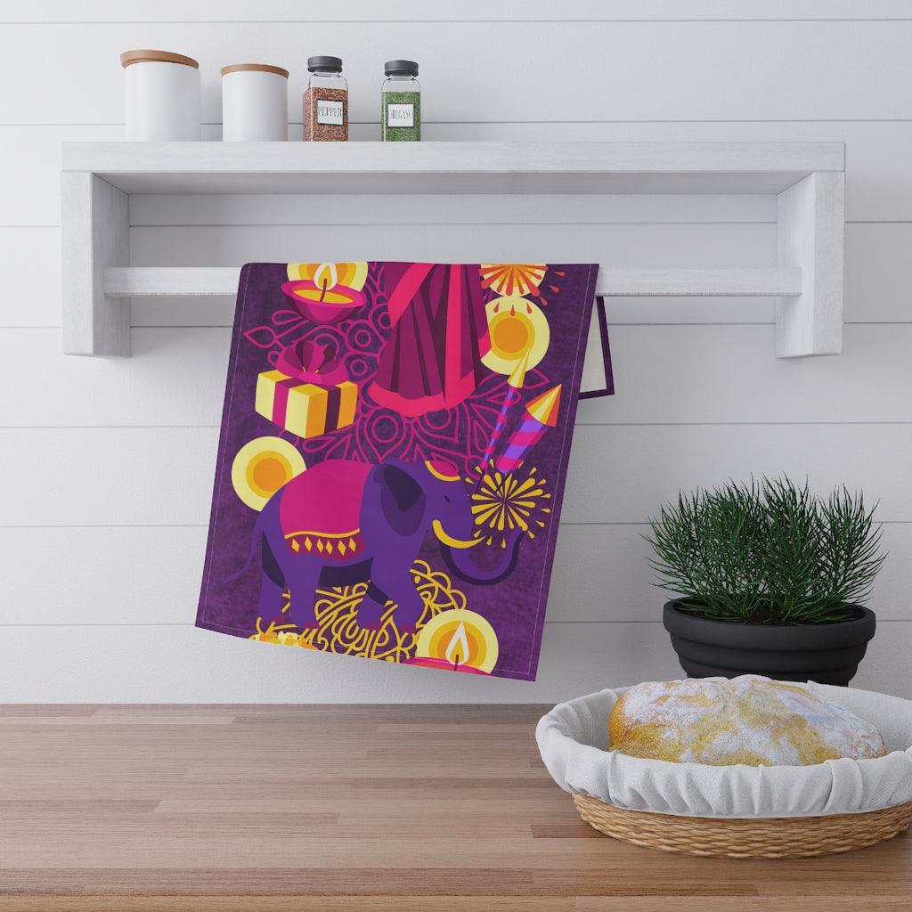 Diwali Festive Kitchen Decor Pink & Purple Tea Towel | lovevisionkarma.com