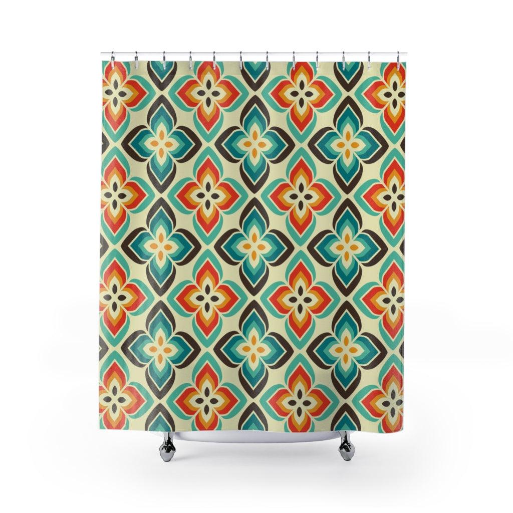 Retro 60s Flowers Mid Century Blue & Orange Shower Curtain | lovevisionkarma.com
