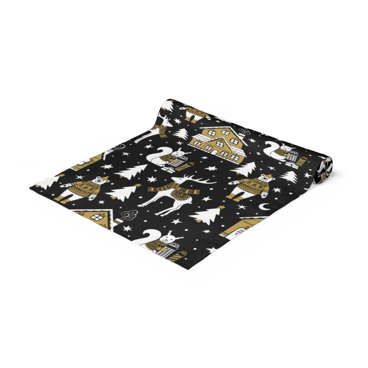 Nordic Christmas Scene MCM Scandi Black, White and Beige Holiday Table Runner | lovevisionkarma.com