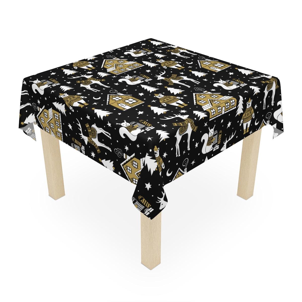 Scandinavian Inspired Nordic Winter Scene Black, Beige and White Christmas Tablecloth | lovevisionkarma.com