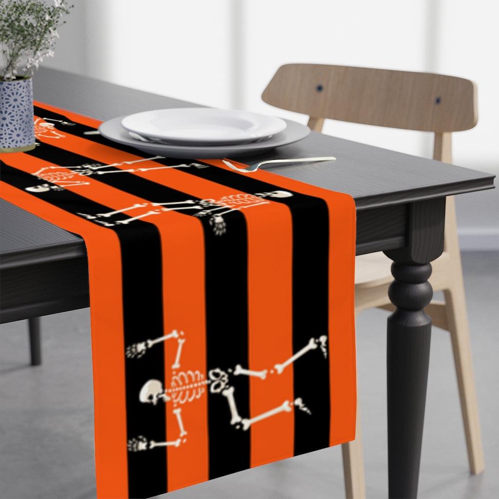 Dancing Skeletons Halloween Orange & Black Stripe Table Runner | lovevisionkarma.com