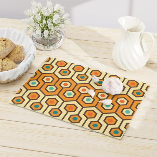 Mid Century Modern Retro Geometric Orange/Cream Glass Cutting Board | lovevisionkarma.com