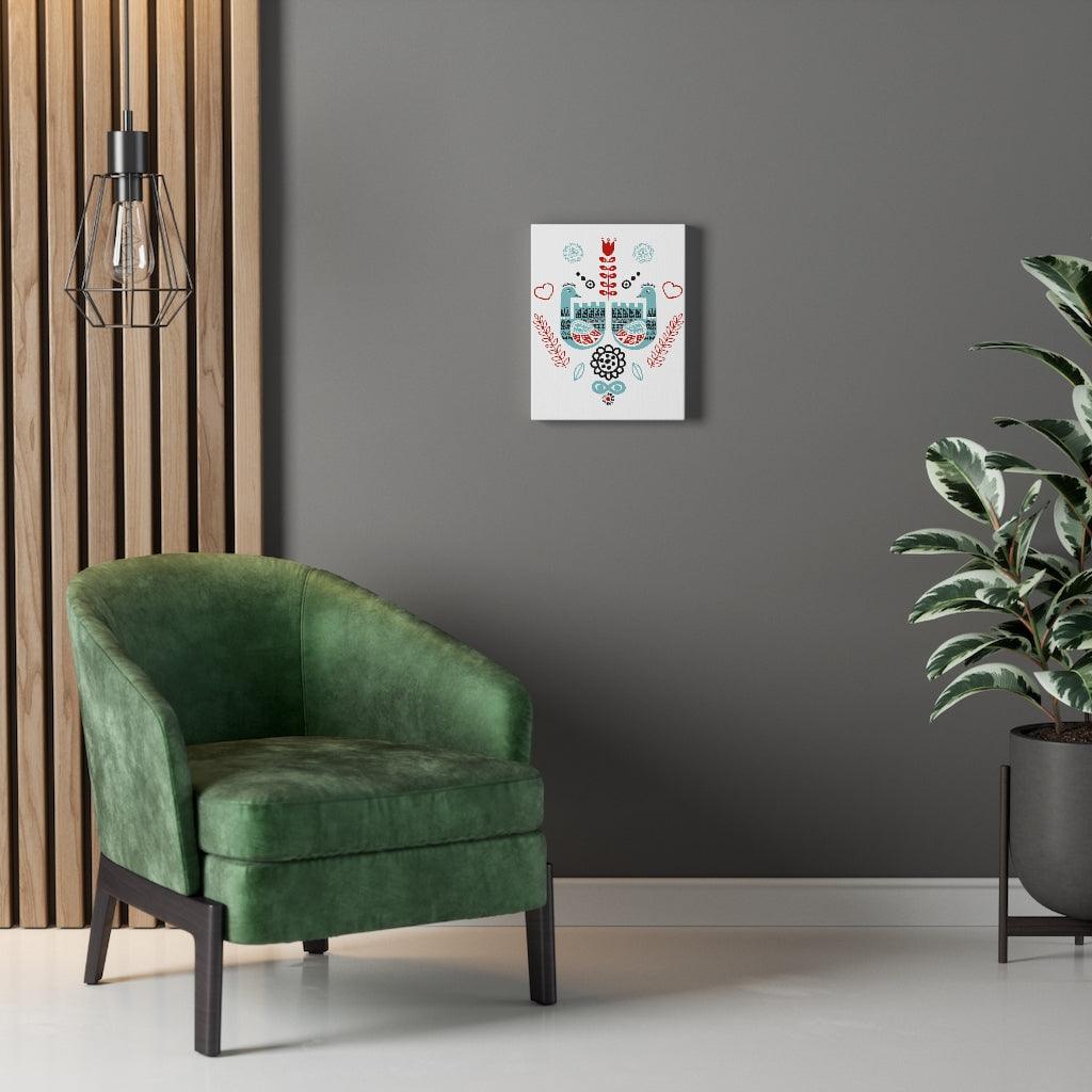 Scandinavian Nordic Folk Art Blue & Red Love Birds Canvas Gallery Wrap | lovevisionkarma.com