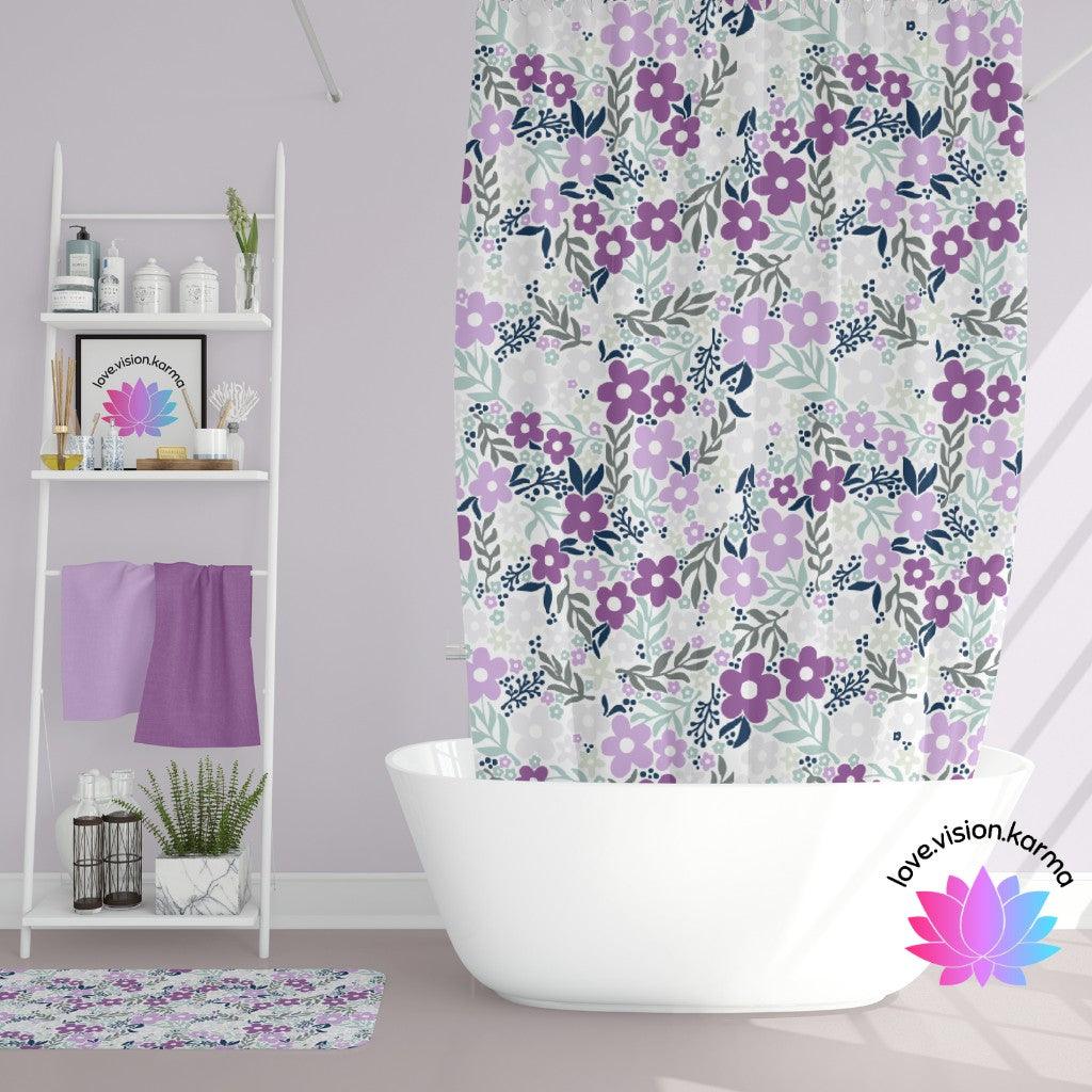 Retro Floral Minimalist Mid Century Purple Shower Curtain | lovevisionkarma.com