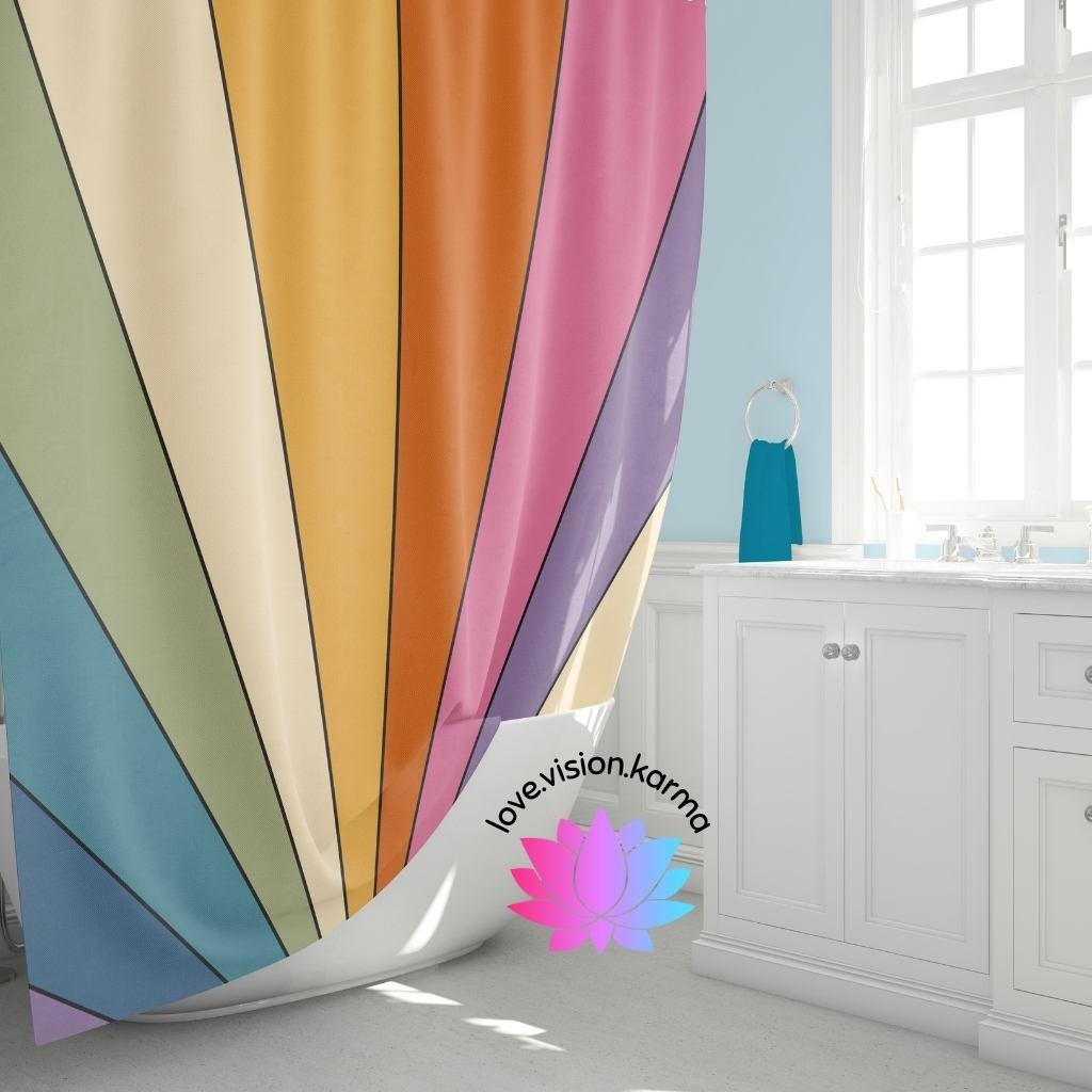 Retro Rainbow Burst Colorful MCM Shower Curtain | lovevisionkarma.com