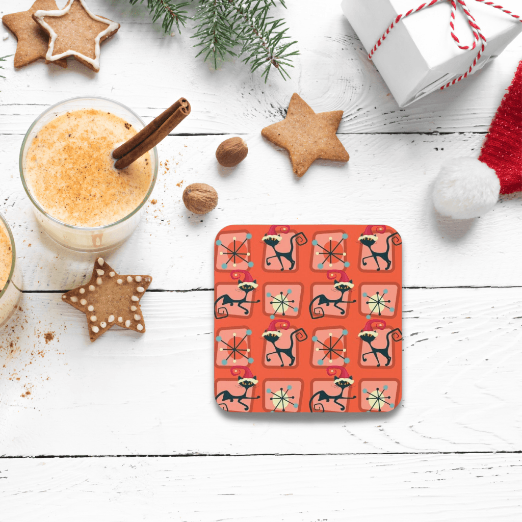 Retro Christmas MCM Atomic Cat Red Coaster Set | lovevisionkarma.com