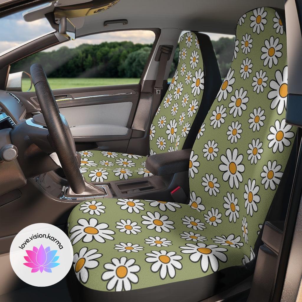 Retro Boho Daisy Sage Green MCM Car Seat Covers | lovevisionkarma.com