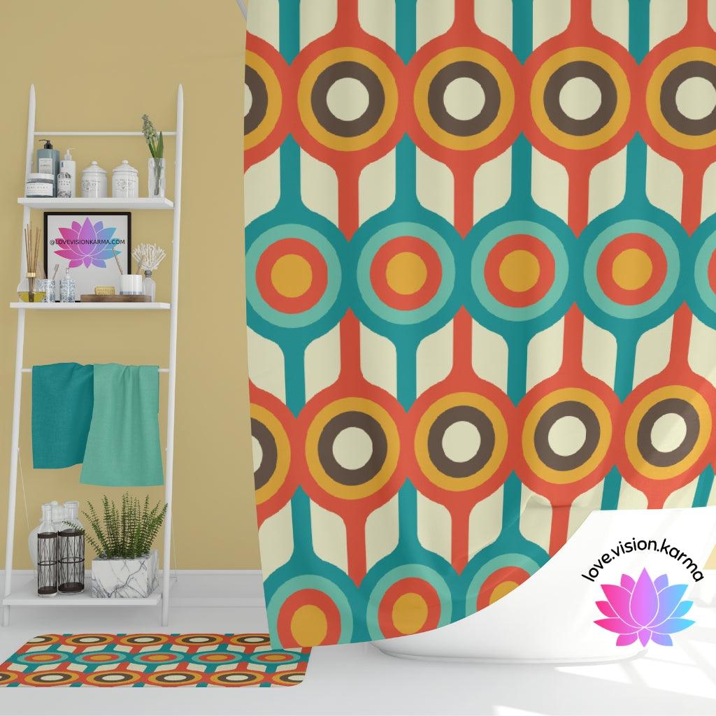 Retro 50s 60s Mid Century Circles Blue & Orange Shower Curtain | lovevisionkarma.com