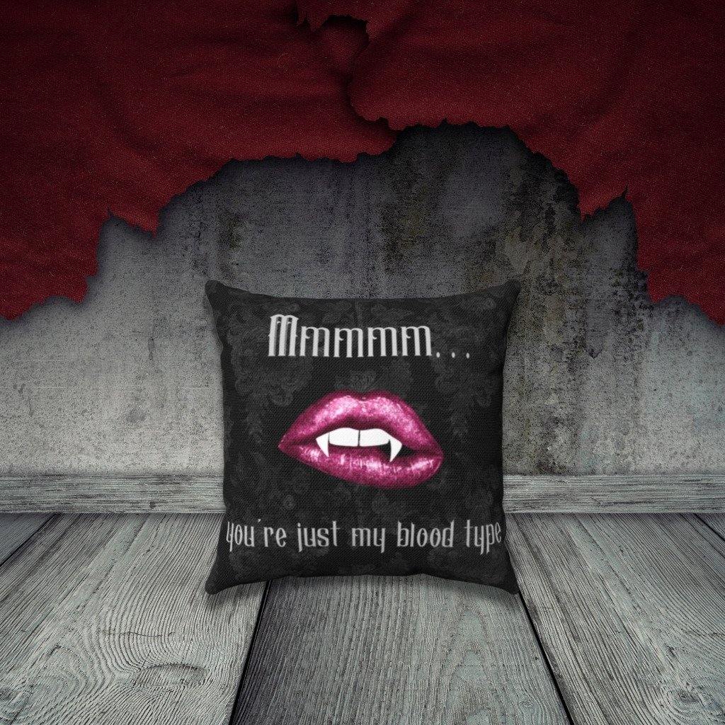 Vampire Lips Halloween Pillow "Just My Blood Type" Goth Glam Decor *Spun Poly* | lovevisionkarma.com