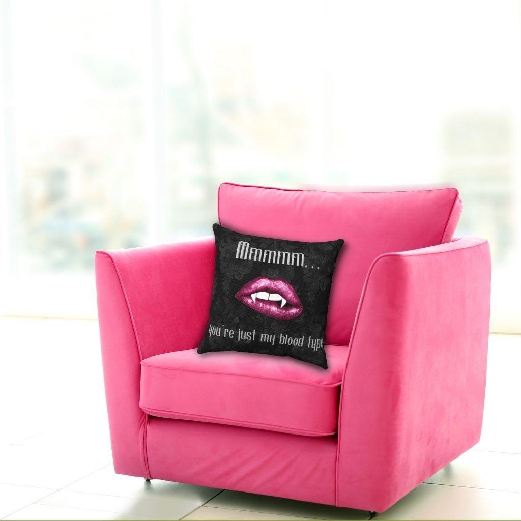 Vampire Lips Halloween Pillow "Just My Blood Type" Goth Glam Decor *Spun Poly* | lovevisionkarma.com