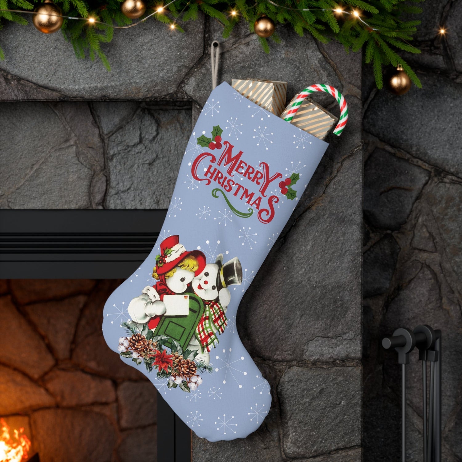 Retro 50's Christmas stocking featuring a vintage snowman couple