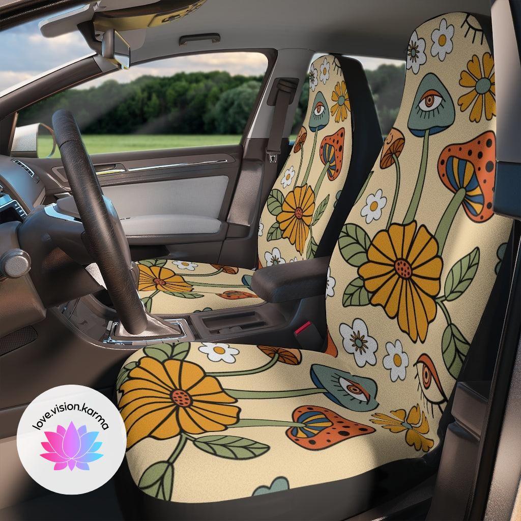 Boho trippy mushrooms and florals car seat covers | lovevisionkarma.com