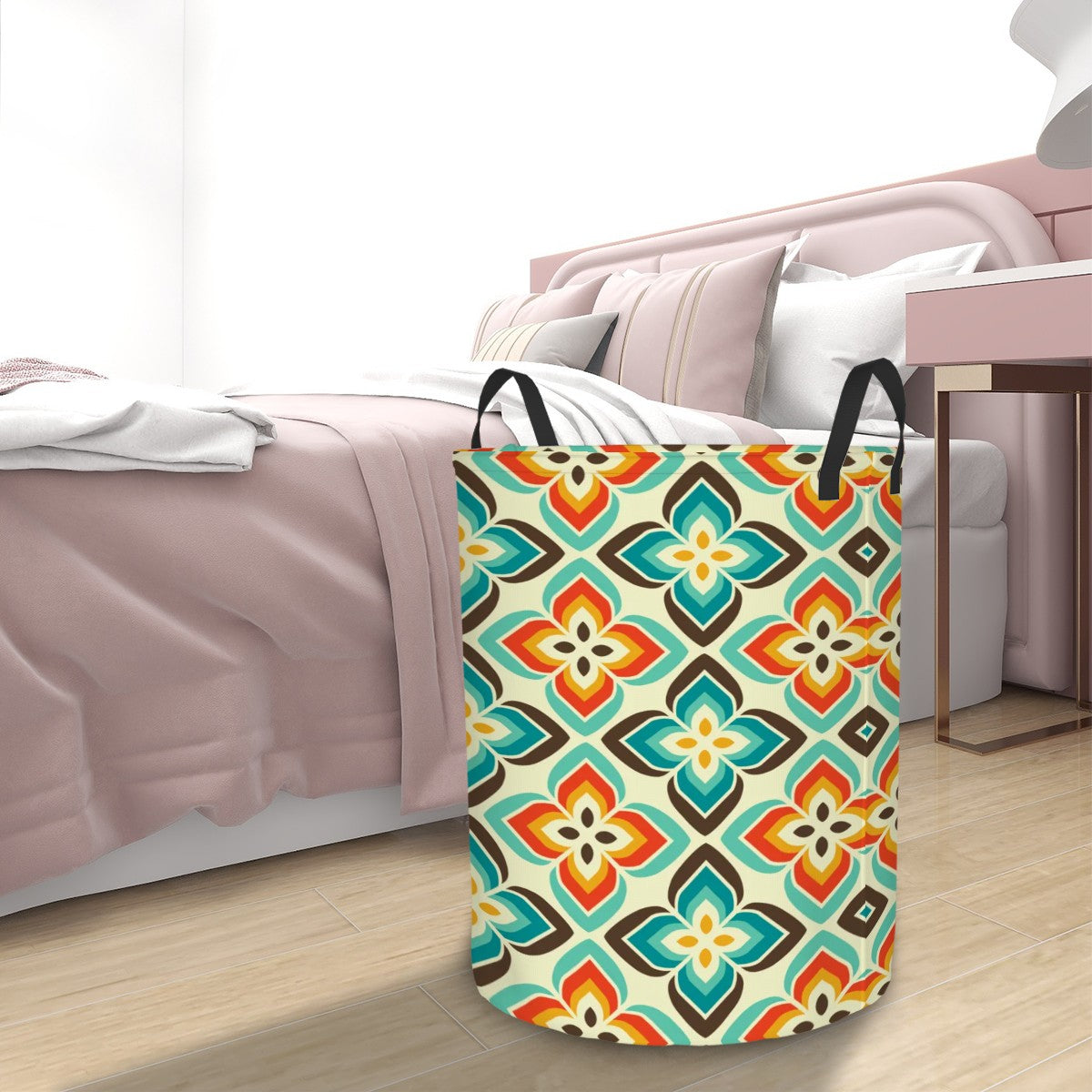 Retro 50s 60s Flowers Mid Century Mod Vintage Inspired Orange & Blue Round Laundry Hamper
