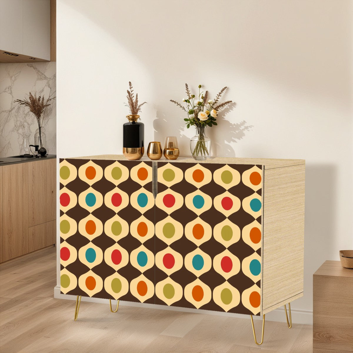 Retro 60s & 70s Geometric Mid Century Modern Mutlicolor Sideboard, Credenza, Wooden Storage Cabinet