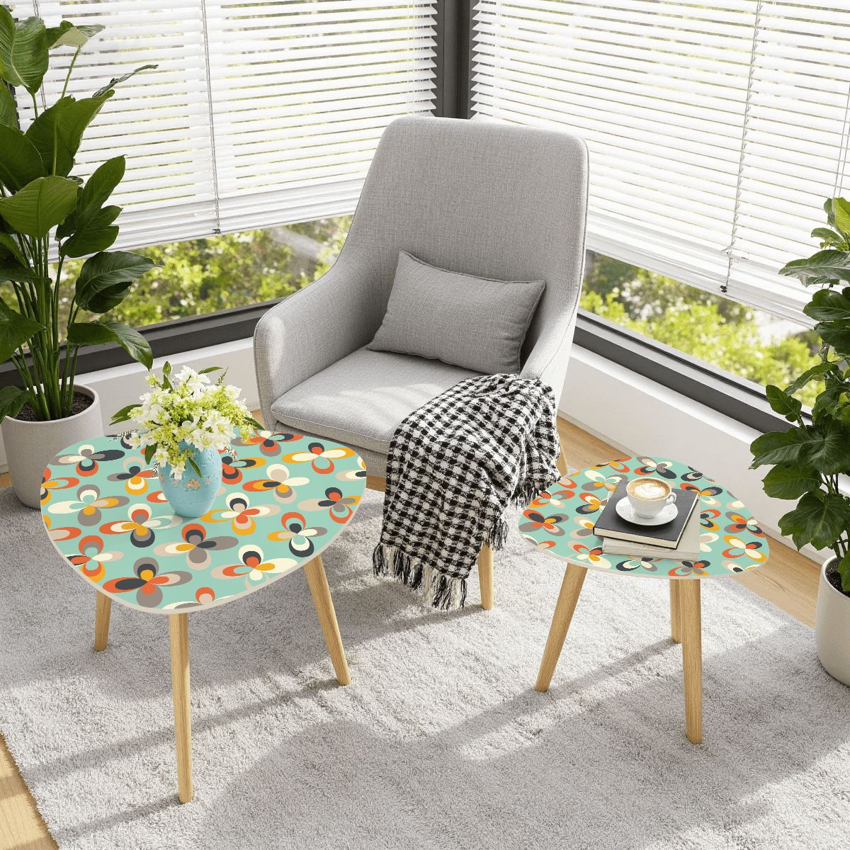 Retro Scandi MCM Danish Flowers Mint Green Nesting Accent Tables