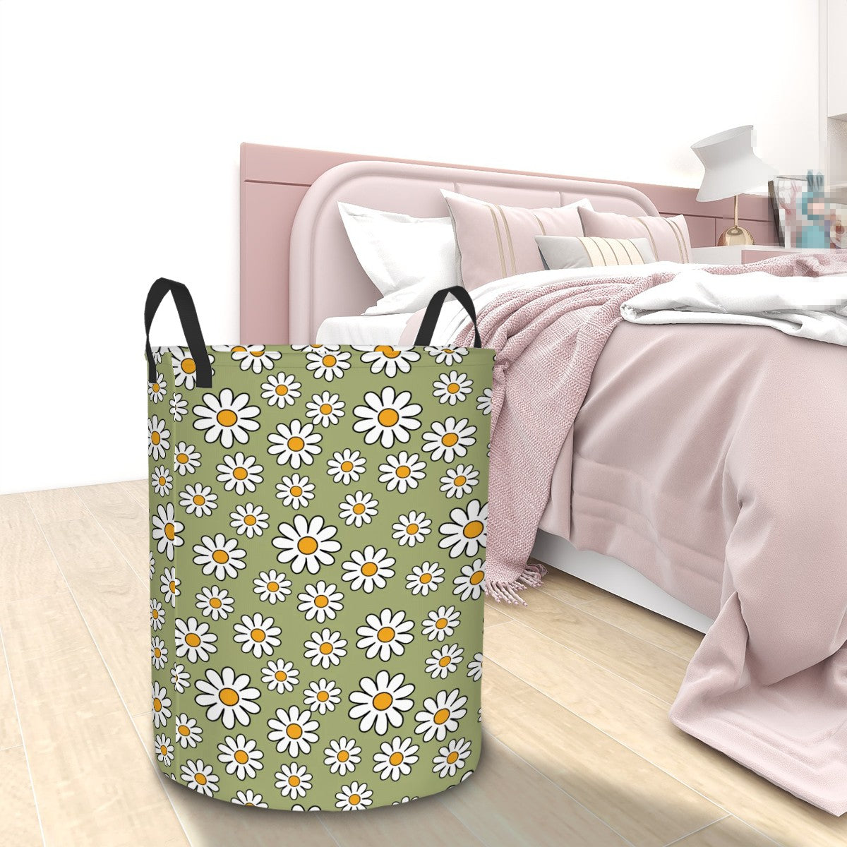 Retro 60s Boho Daisy Sage Green MCM Round Laundry Hamper
