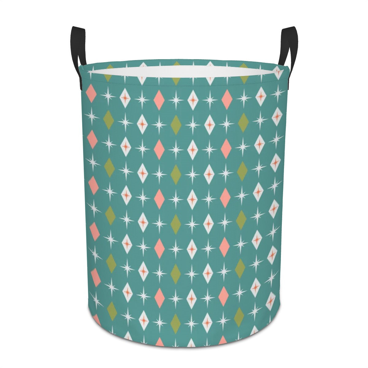 Retro 50s Atomic Burst & Diamond Mid Century Mod Teal, Pink & Green Round Laundry Hamper