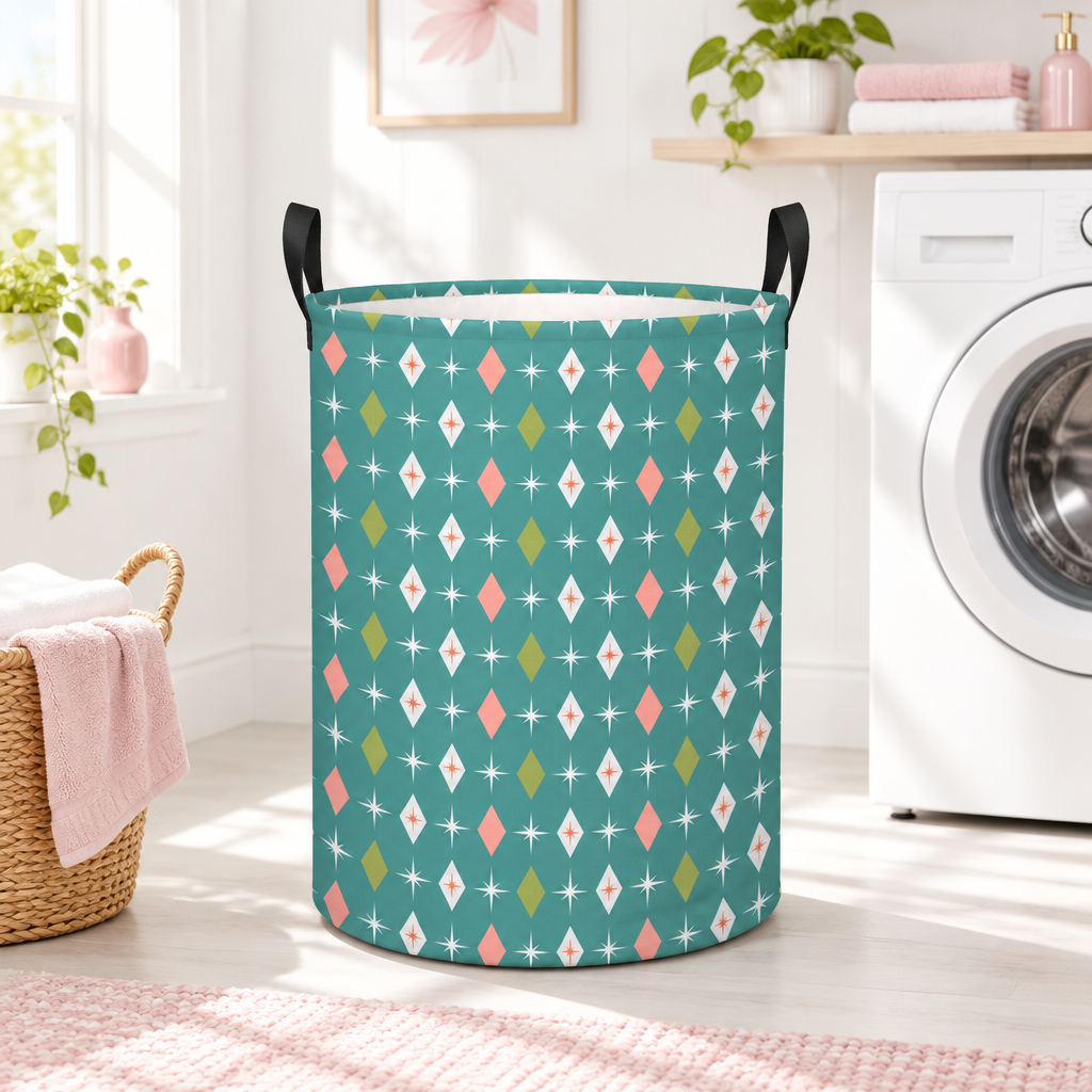 Retro 50s Atomic Burst & Diamond Mid Century Mod Teal, Pink & Green Round Laundry Hamper