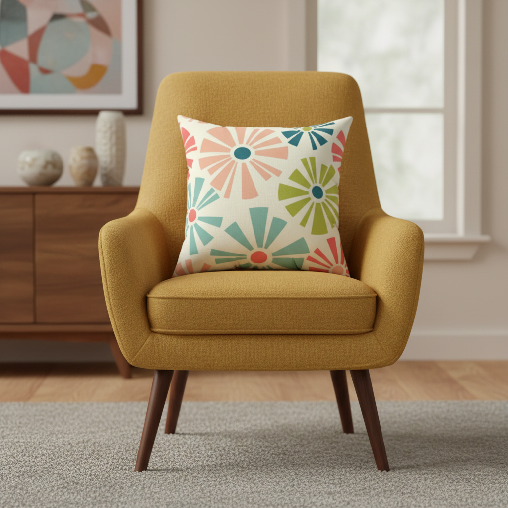Yellow armchair with a colorful patterned retro mod boho flower pillow in a living room setting.