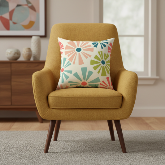 Yellow armchair with a colorful patterned retro mod boho flower pillow in a living room setting.