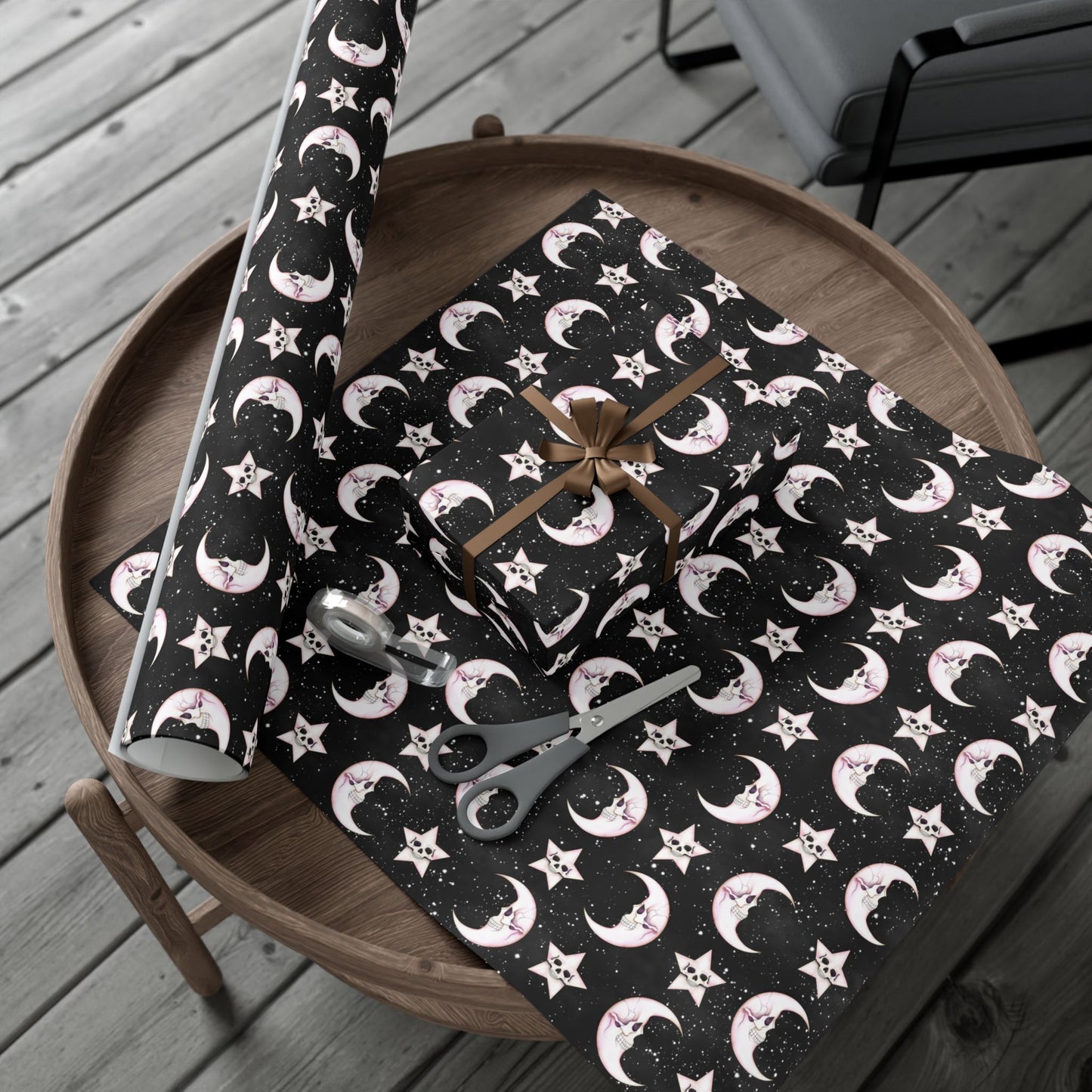Goth Christmas Celestial Moon & Stars, Whimsical Kawaii Creepmas Black Eco-Friendly Gift Wrap