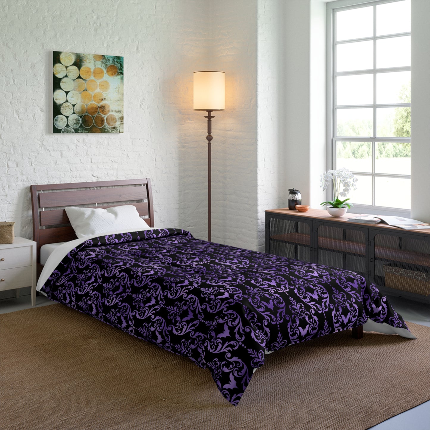 Goth Damask Purple Bat Halloween Glam Goth Black Comforter