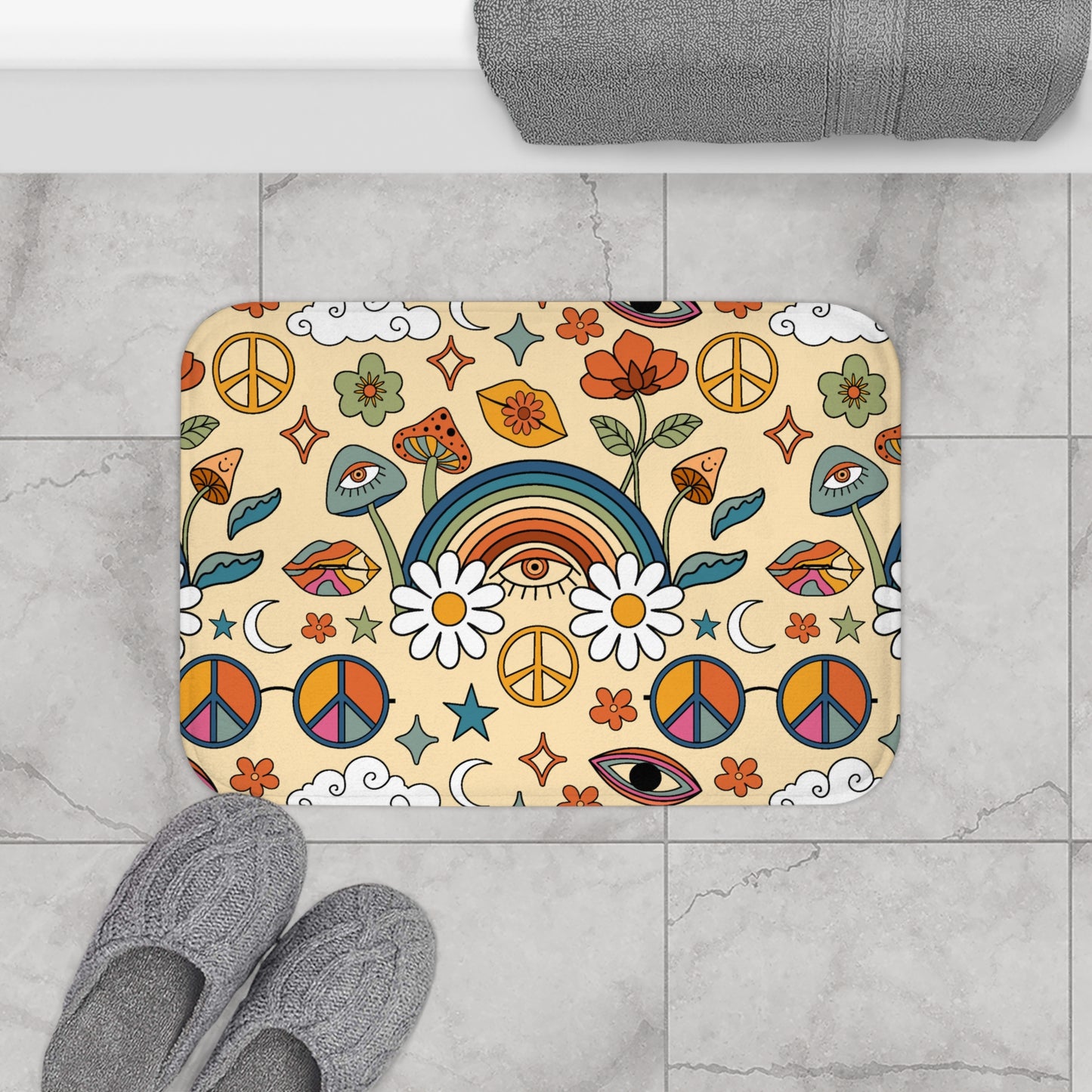 Groovy 60's, 70's Boho Rainbow and Trippy Mushrooms Multicolor Bath Mat