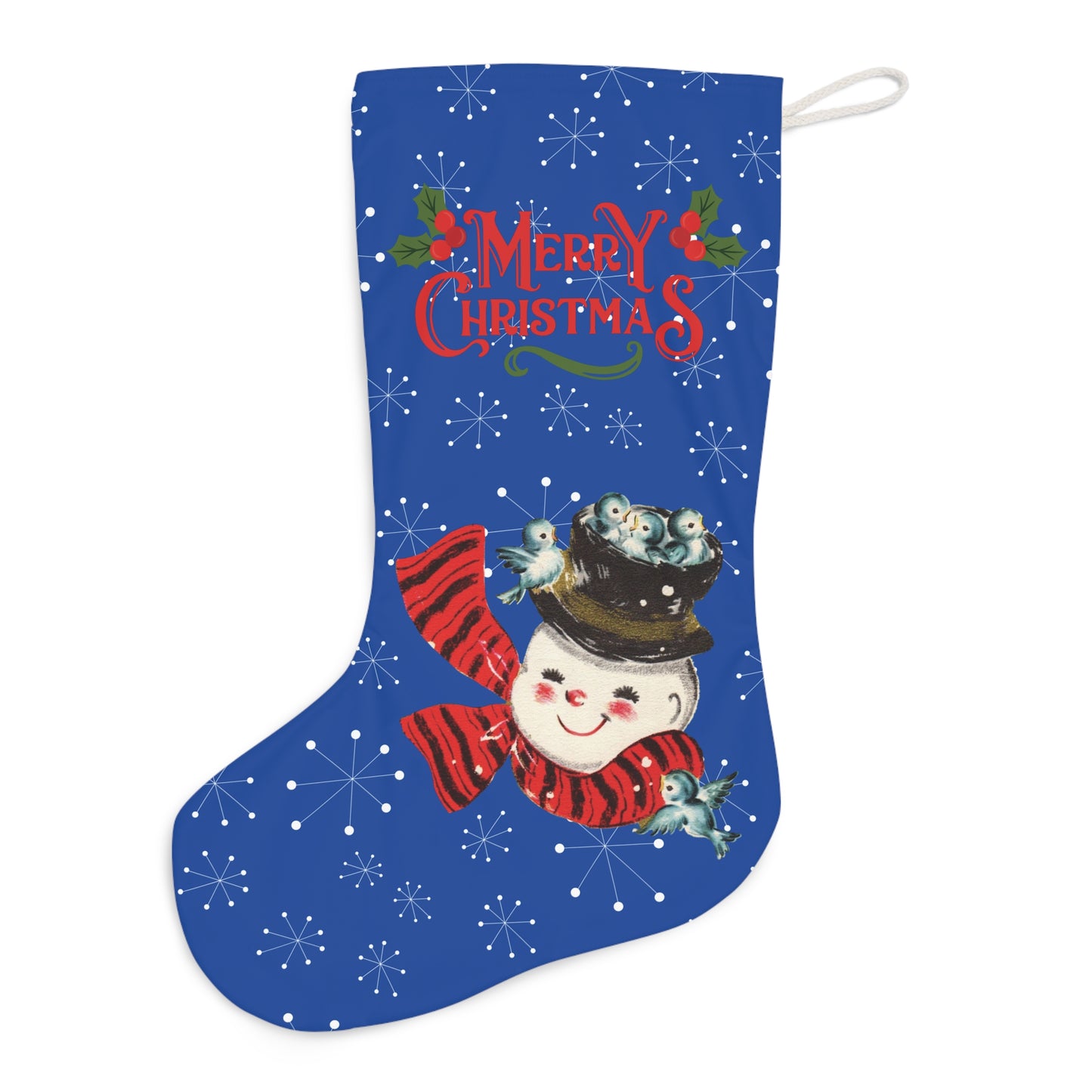 Retro 50s Vintage Snowman with Blue Birds, Atomic Starburst Mid Century Bold Blue Christmas Stocking