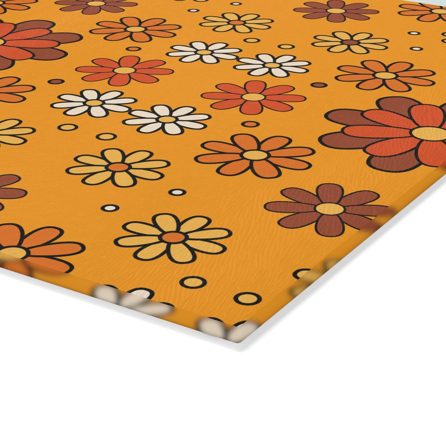 Retro 60s 70s Groovy Mod Daisy Floral Mid Century Orange & Brown Glass Cutting Board