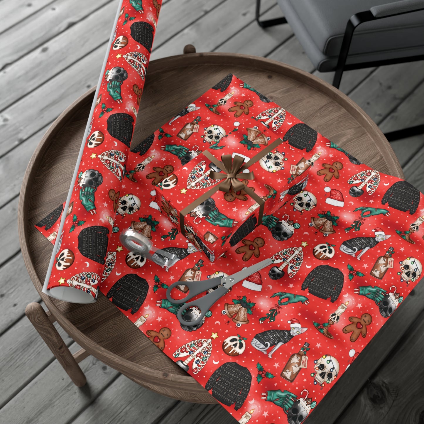 Goth Christmas Kitsch Skulls, Cats & Zombie Hands Red Eco-Friendly Gift Wrap Paper