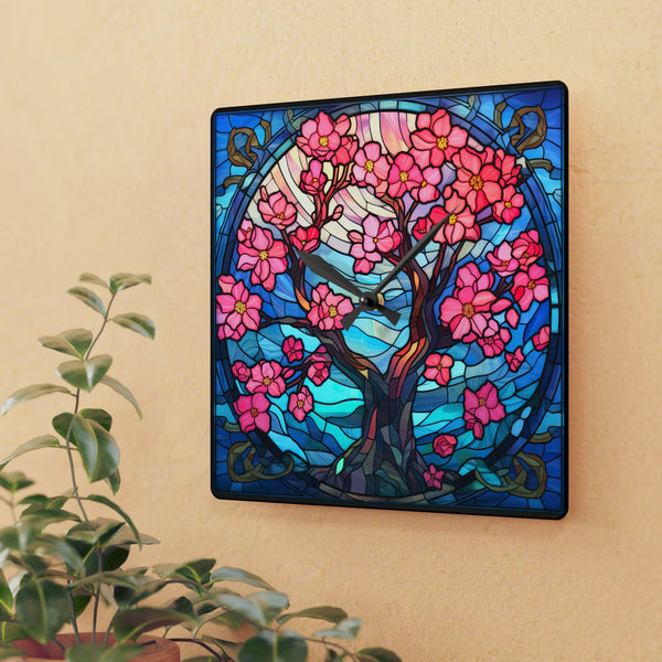 Cherry Blossom Tree Stained Glass Inspired, Sakura Pink & Blue Acrylic Wall Clock | lovevisionkarma.com
