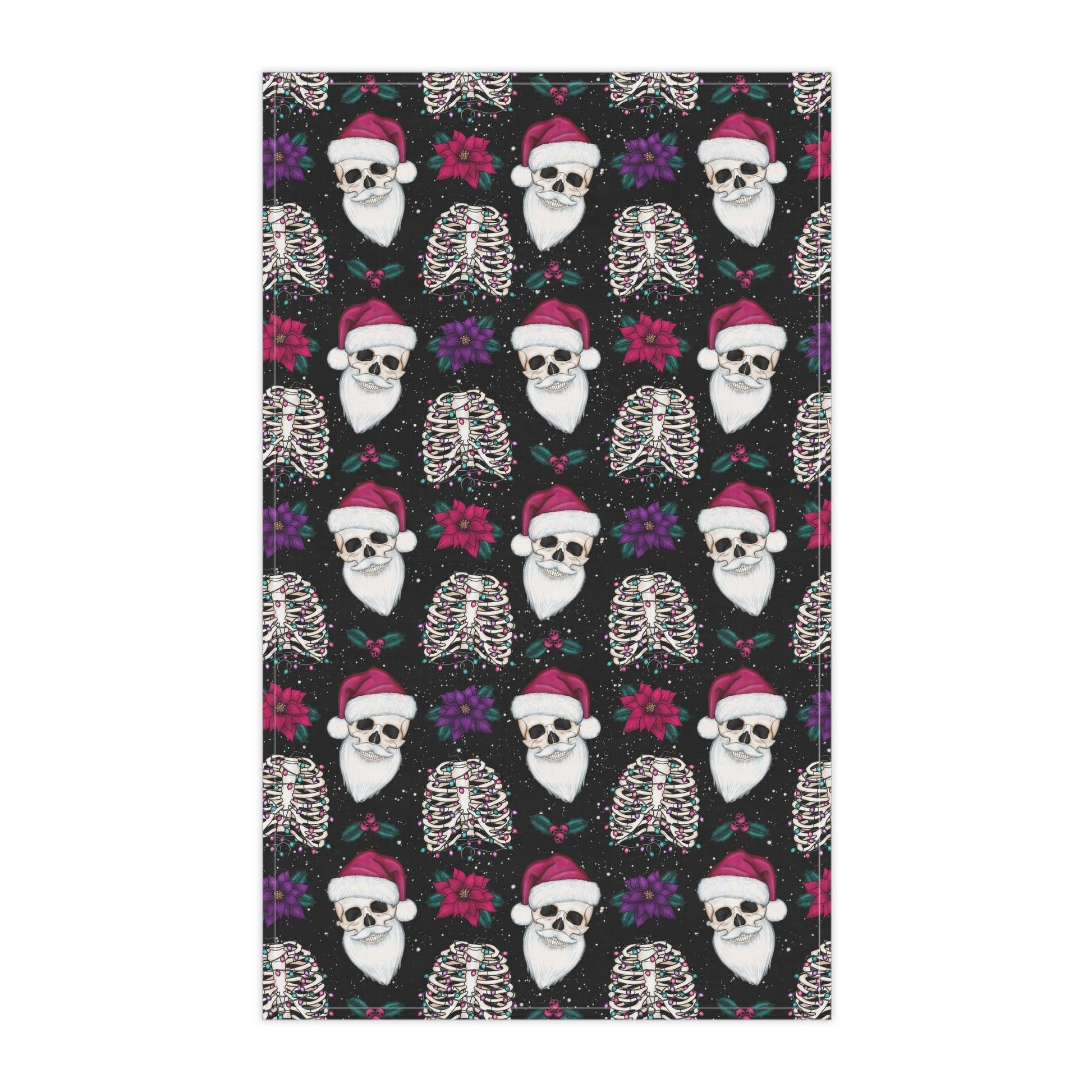 Skull Santa Goth Christmas, Creepy Scary Black Creepmas Holiday Kitchen Tea Towel | lovevisionkarma.com