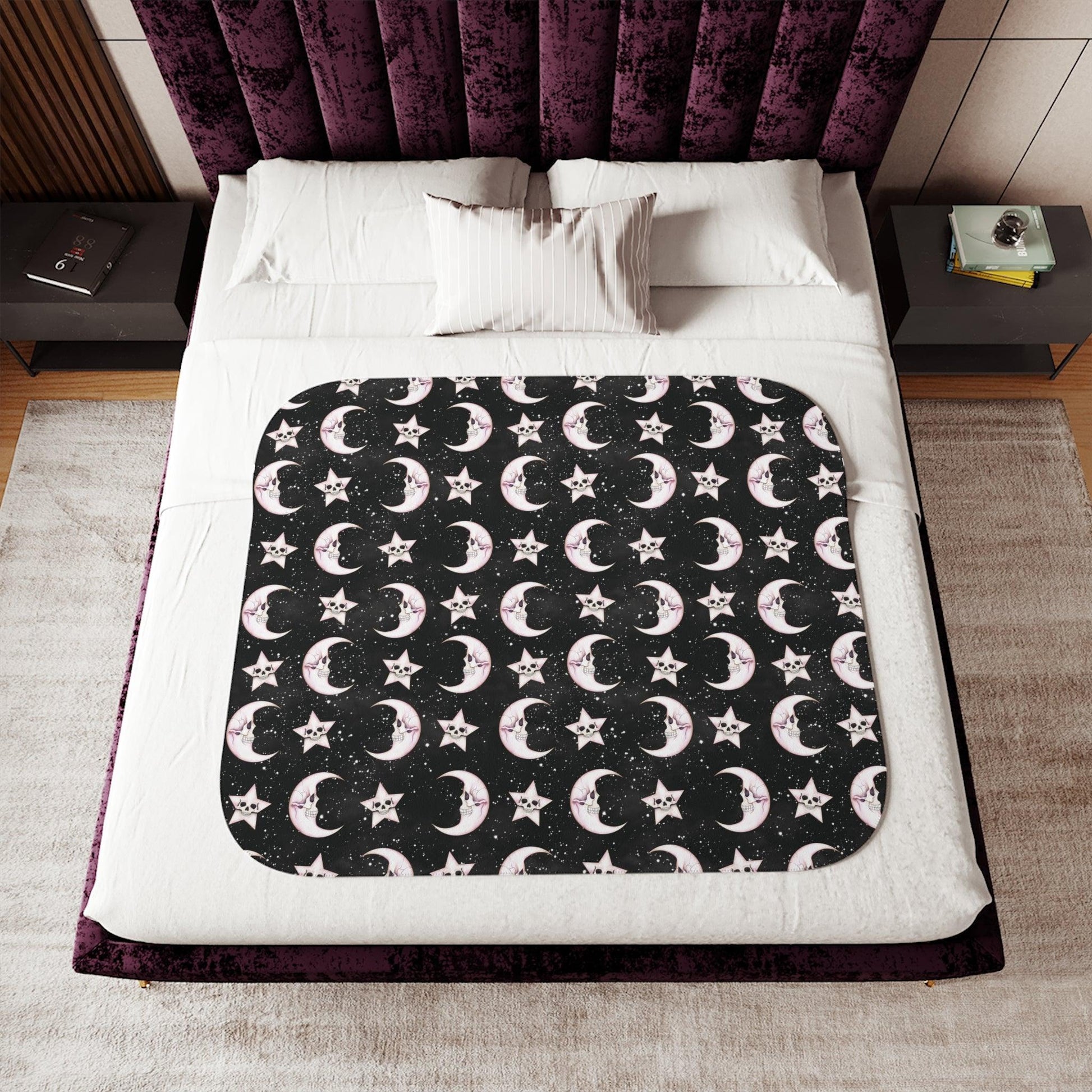 Goth Christmas Celestial Moon & Stars Whimsical Kawaii Creepmas Black Sherpa Blanket | lovevisionkarma.com