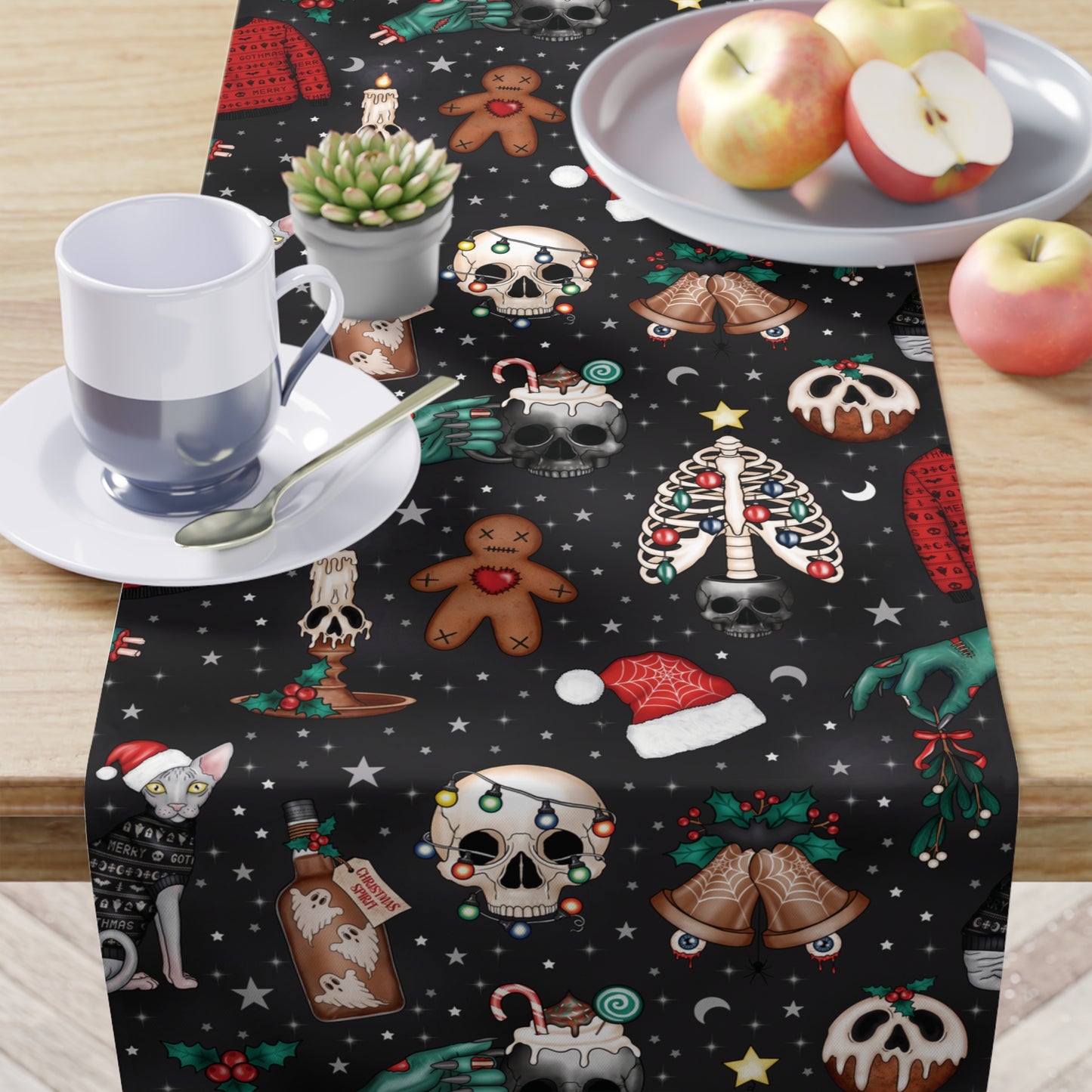 Kitschy Kawaii Goth Christmas, Creepy Cute Whimsigoth Creepmas Black Table Runner