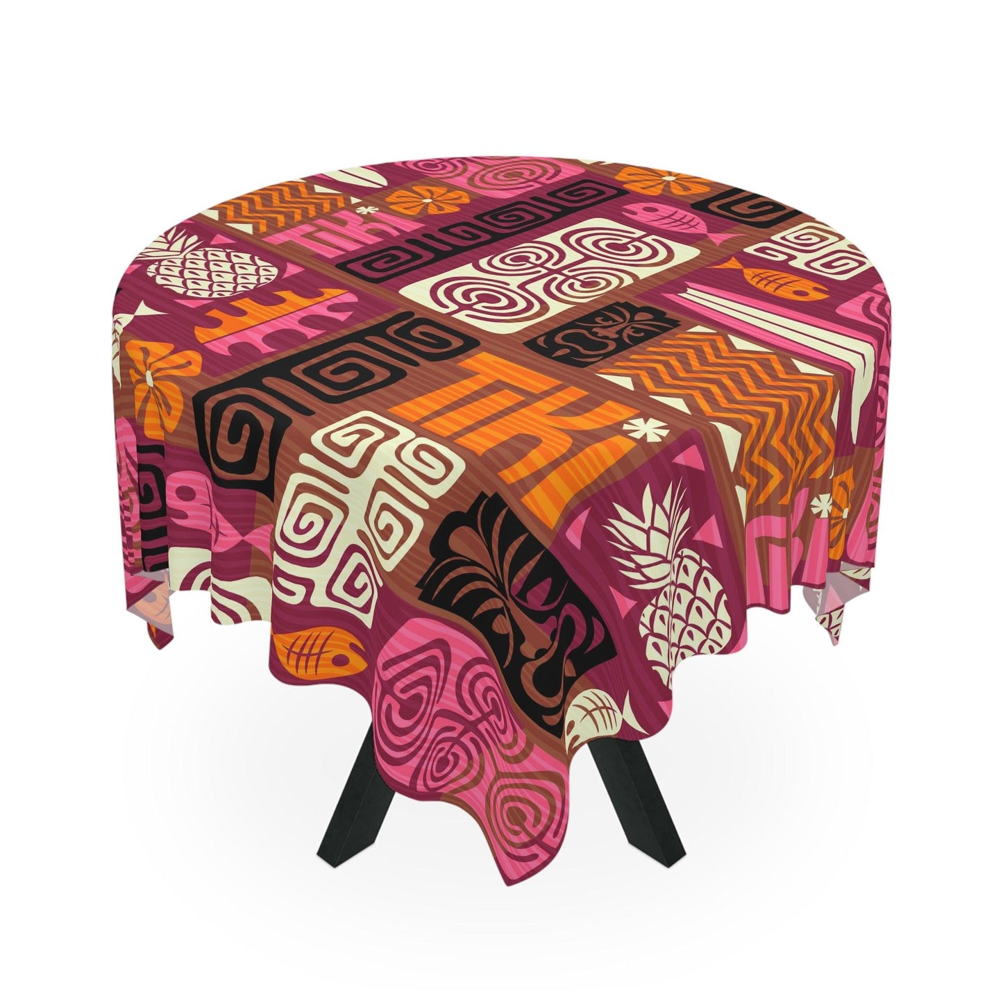 Tiki Retro 60s Mid Century Modern Orange, Brown & Pink Tablecloth | lovevisionkarma.com