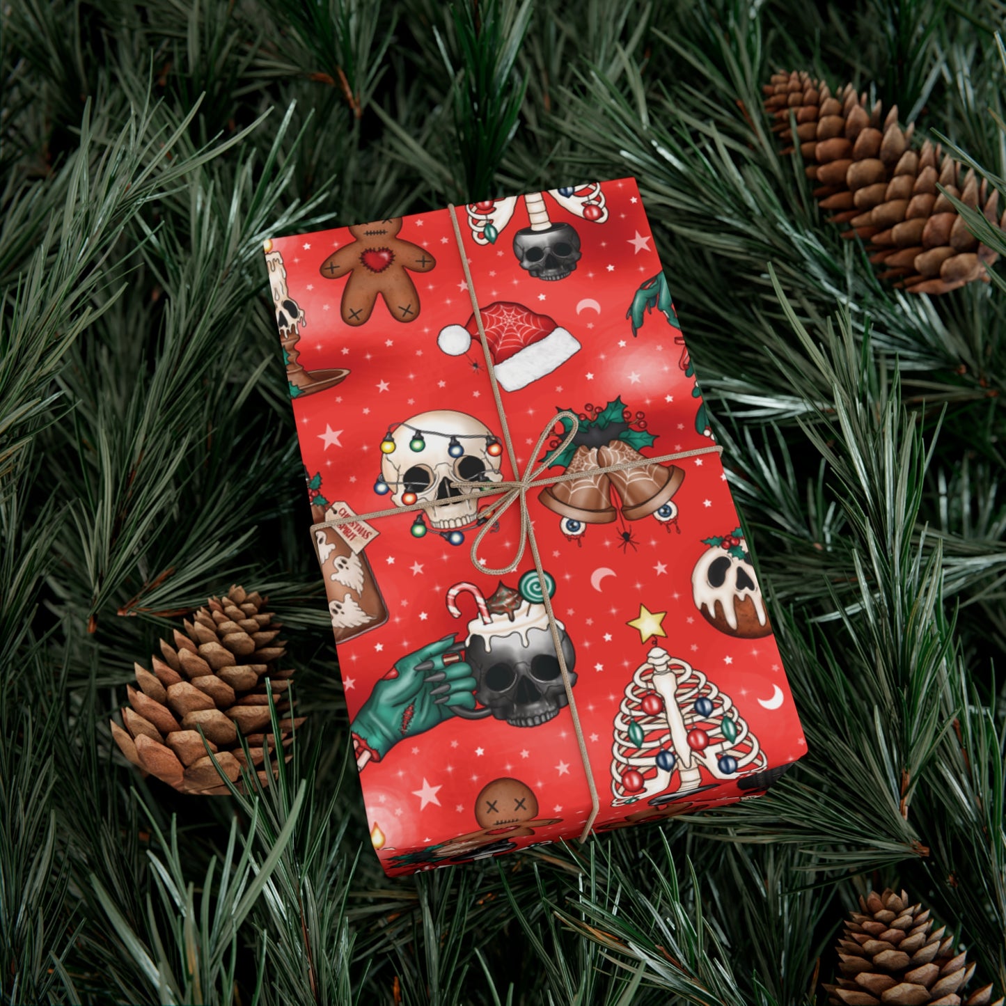 Goth Christmas Kitsch Skulls, Cats & Zombie Hands Red Eco-Friendly Gift Wrap Paper