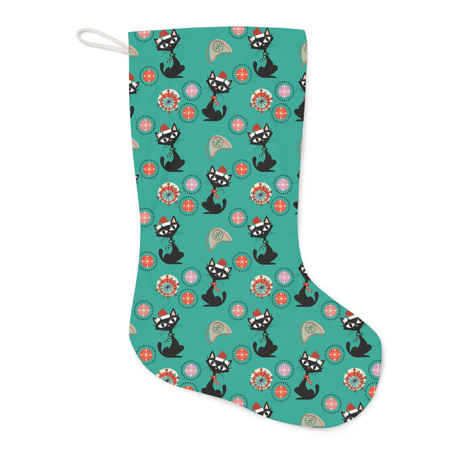 Retro 50s Christmas Atomic Cat Mid Century Modern Teal Blue Stocking