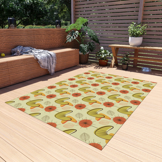 Retro 60s 70s Atomic Boomerangs & Leaves MCM Orange, Green & Yellow Anti-Slip Indoor/Outdoor Rug