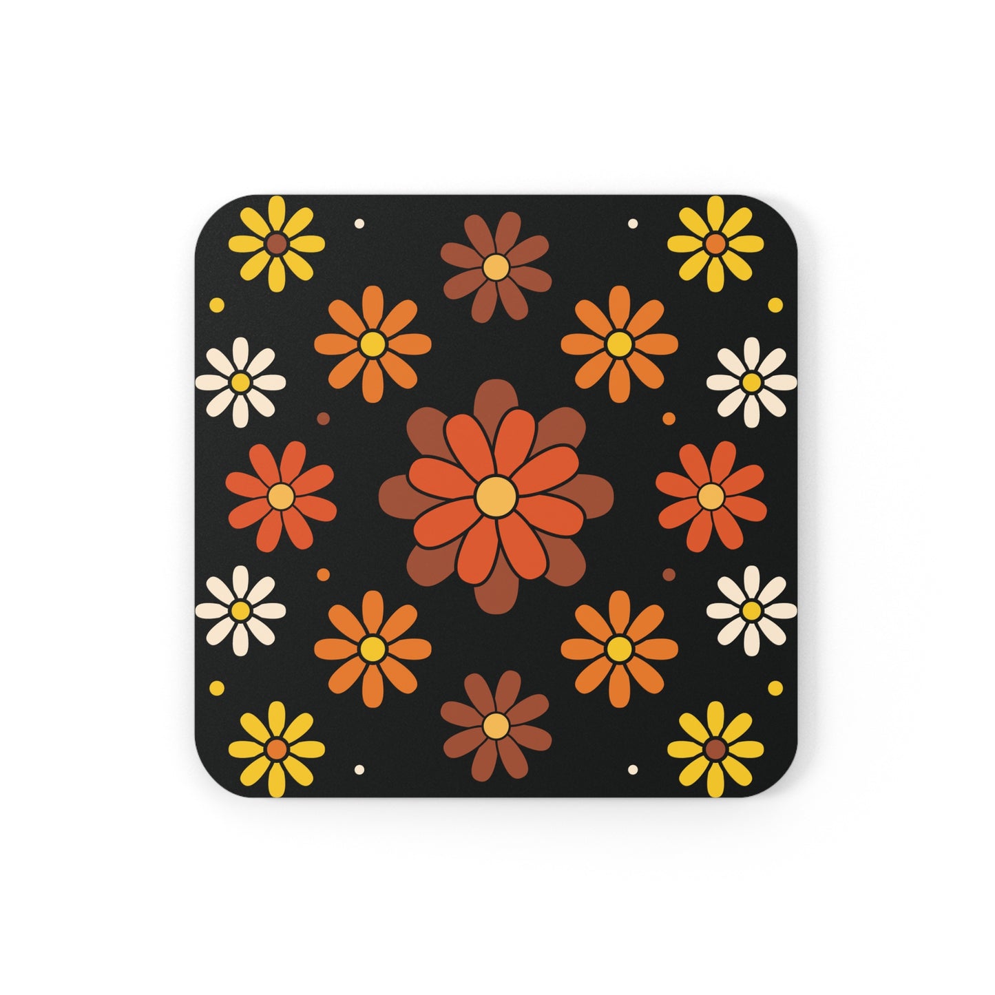 Retro 60s 70s Groovy Mod Daisy Mid Century Orange, Brown & Black Coaster Set