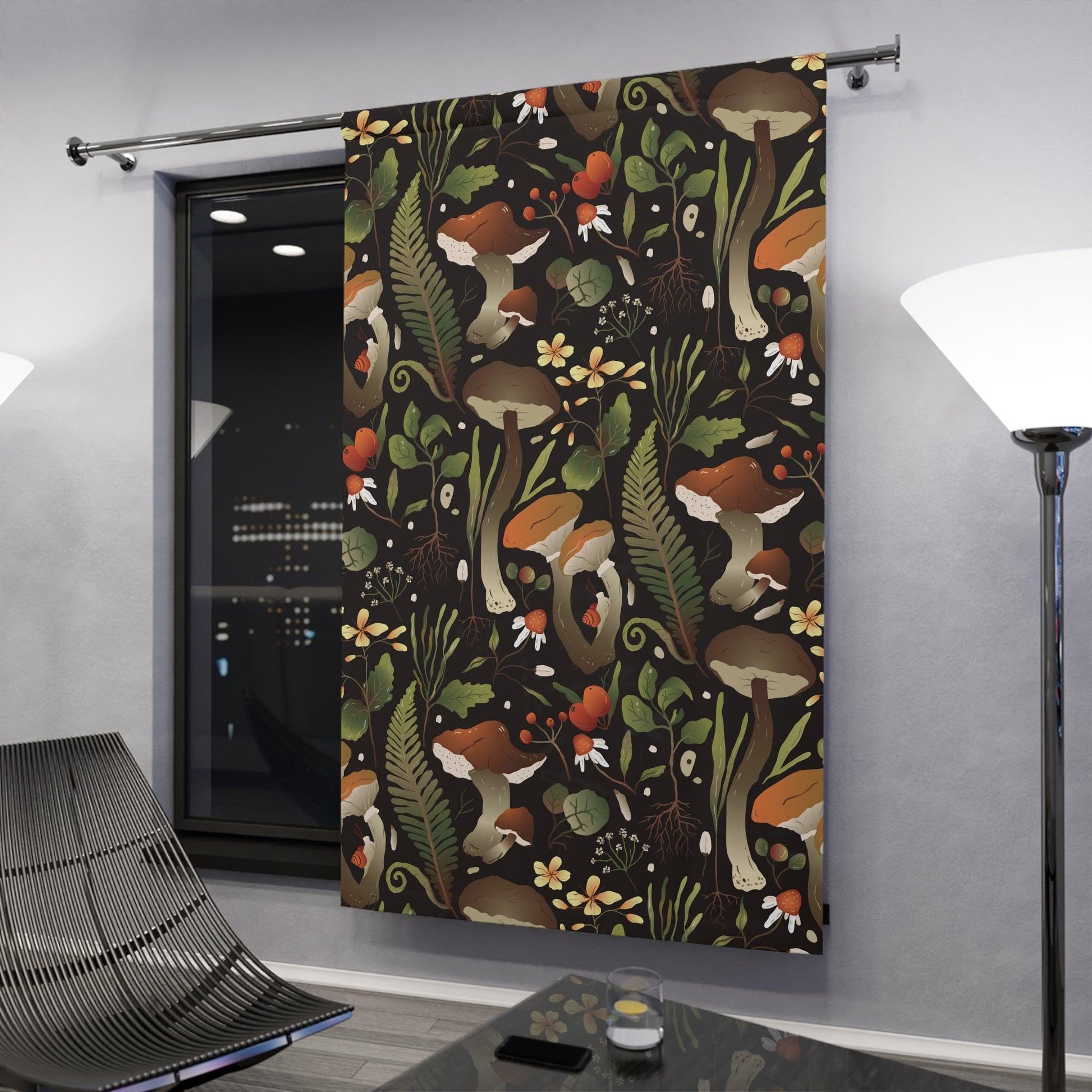 Mushroom Cottagecore Enchanted Forest Green, Black & Orange Blackout Window Curtain | lovevisionkarma.com