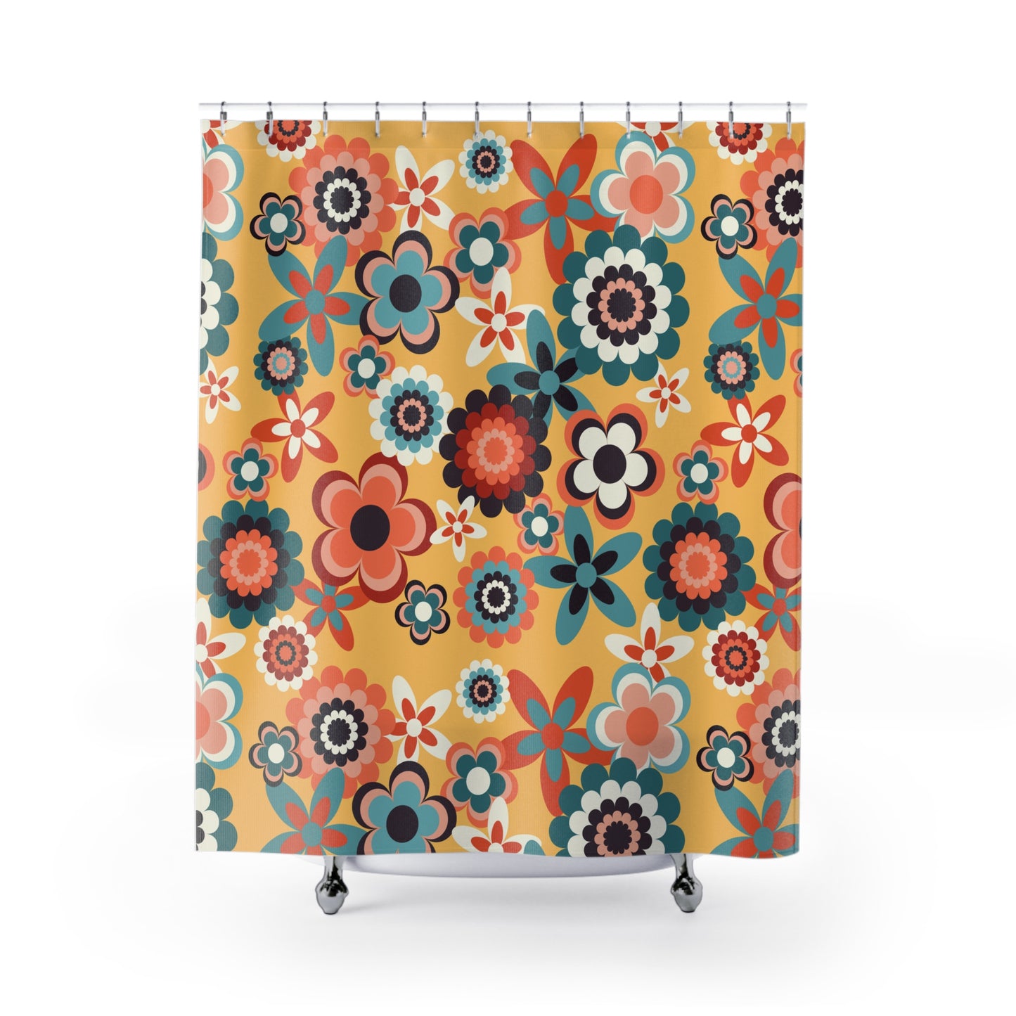 Retro 60s 70s Groovy Flowers Boho Mid Century Mod Yellow, Coral & Blue Shower Curtain