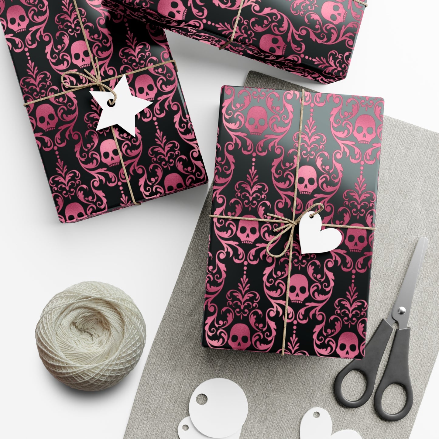 Pink Damask Skulls, Victorian Goth, Dark Academia, Goth Christmas & Creepmas Glam Black Eco-Friendly Gift Wrap Paper